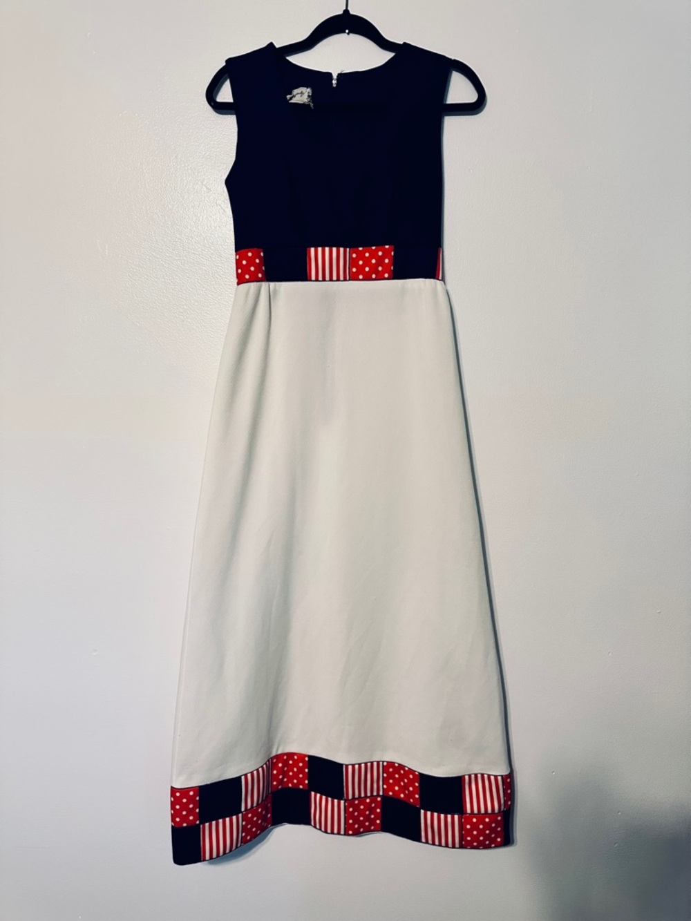 Vintage 1970s Column Maxi Dress Patchwork Navy White Red